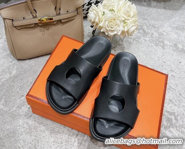 Good Quality Hermes Edith Leather Flat Slide Sandals Black 0422122