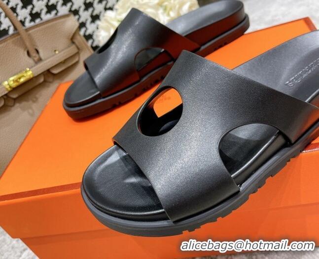 Good Quality Hermes Edith Leather Flat Slide Sandals Black 0422122