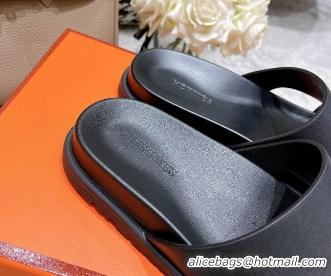 Good Quality Hermes Edith Leather Flat Slide Sandals Black 0422122