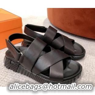 Top Grade Hermes Eclair Leather Strap Sandals Black 0422131