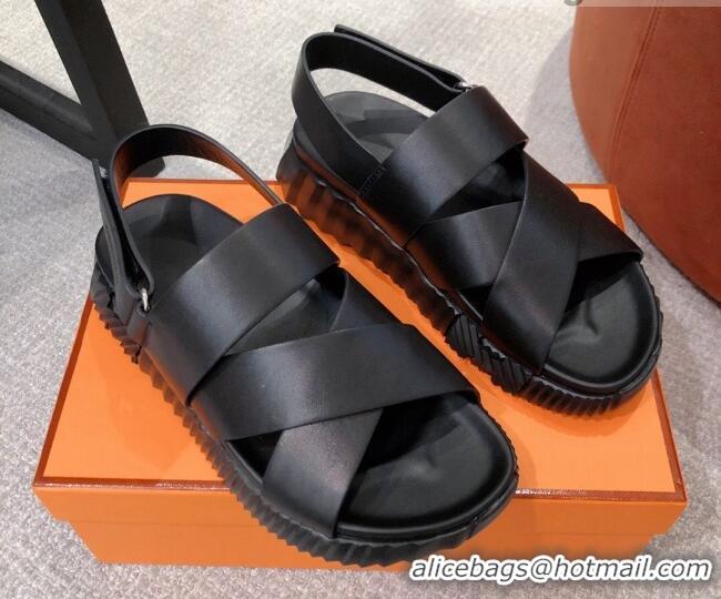 Top Grade Hermes Eclair Leather Strap Sandals Black 0422131