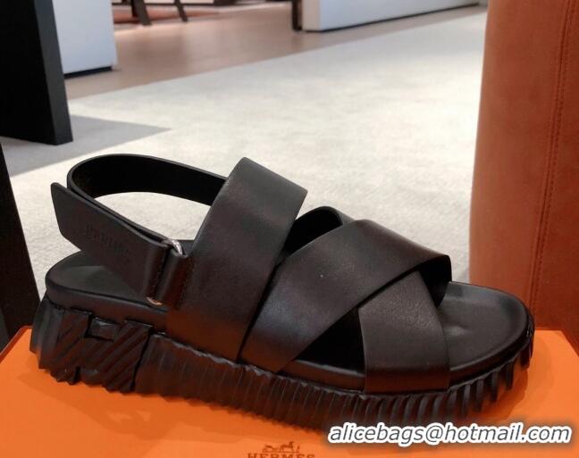 Top Grade Hermes Eclair Leather Strap Sandals Black 0422131