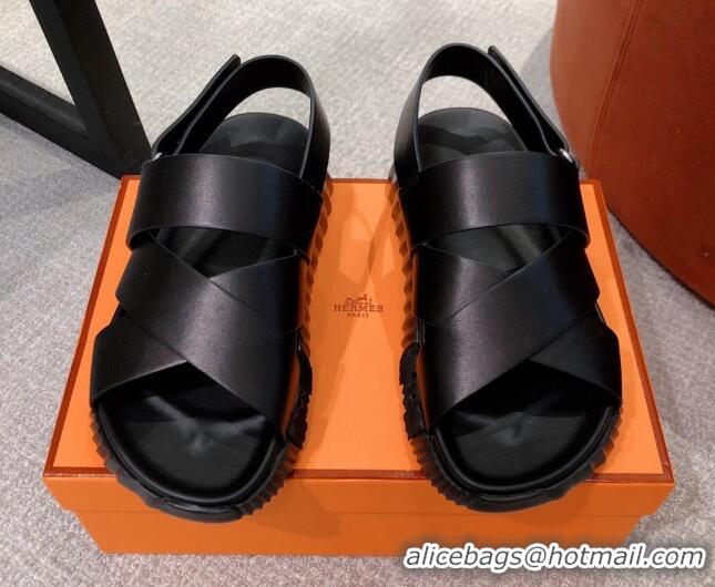 Top Grade Hermes Eclair Leather Strap Sandals Black 0422131