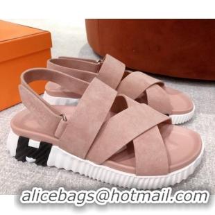 Good Quality Hermes Eclair Suede Strap Sandals Pink 0422134