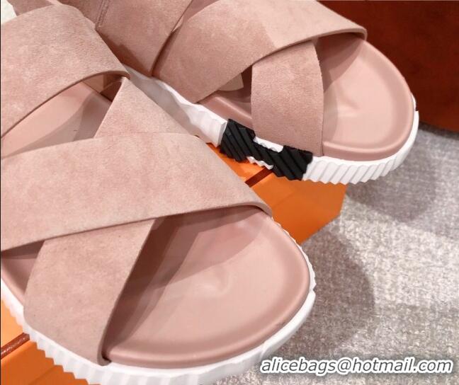 Good Quality Hermes Eclair Suede Strap Sandals Pink 0422134