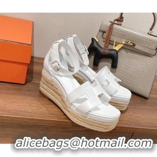 Top Grade Hermes Elda Calfskin Platform Wedge Sandals 8.5cm White 051117