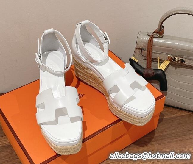 Top Grade Hermes Elda Calfskin Platform Wedge Sandals 8.5cm White 051117