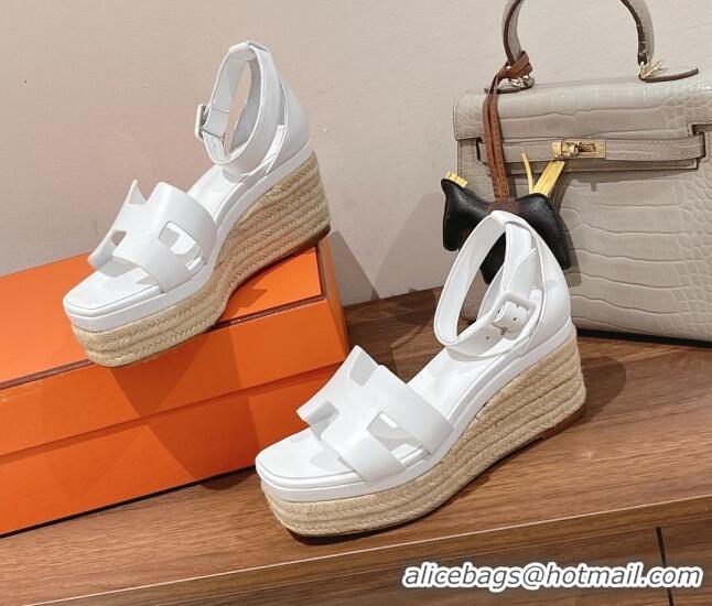 Top Grade Hermes Elda Calfskin Platform Wedge Sandals 8.5cm White 051117