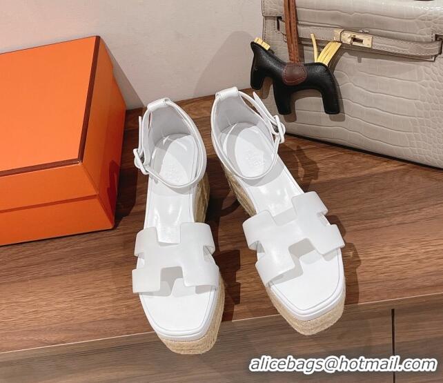 Top Grade Hermes Elda Calfskin Platform Wedge Sandals 8.5cm White 051117