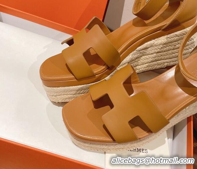 Popular Style Hermes Elda Calfskin Platform Wedge Sandals 8.5cm Brown 051118