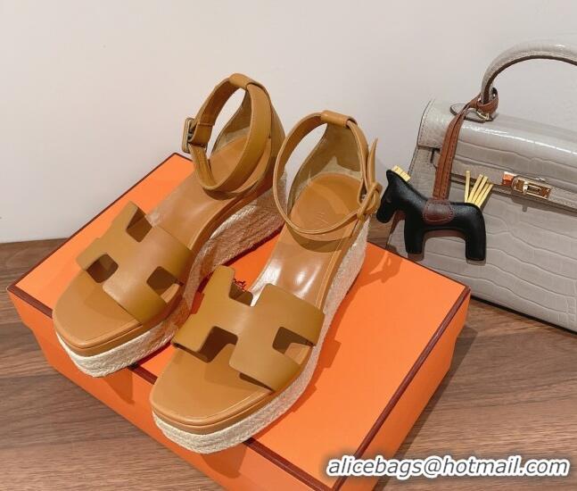 Popular Style Hermes Elda Calfskin Platform Wedge Sandals 8.5cm Brown 051118