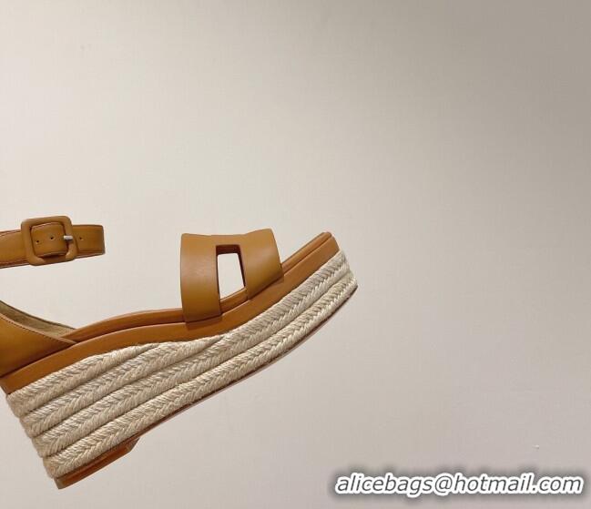 Popular Style Hermes Elda Calfskin Platform Wedge Sandals 8.5cm Brown 051118