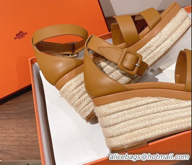 Popular Style Hermes Elda Calfskin Platform Wedge Sandals 8.5cm Brown 051118