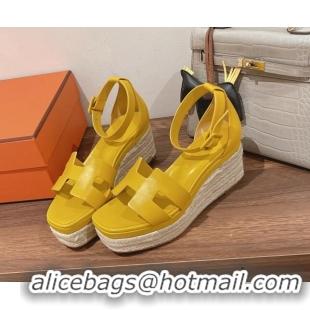 Grade Style Hermes Elda Calfskin Platform Wedge Sandals 8.5cm Yellow 051119