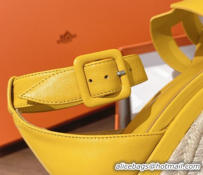 Grade Style Hermes Elda Calfskin Platform Wedge Sandals 8.5cm Yellow 051119