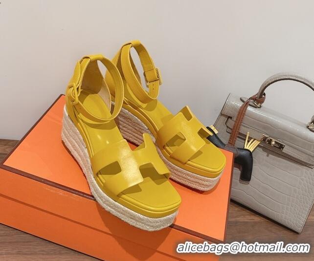 Grade Style Hermes Elda Calfskin Platform Wedge Sandals 8.5cm Yellow 051119