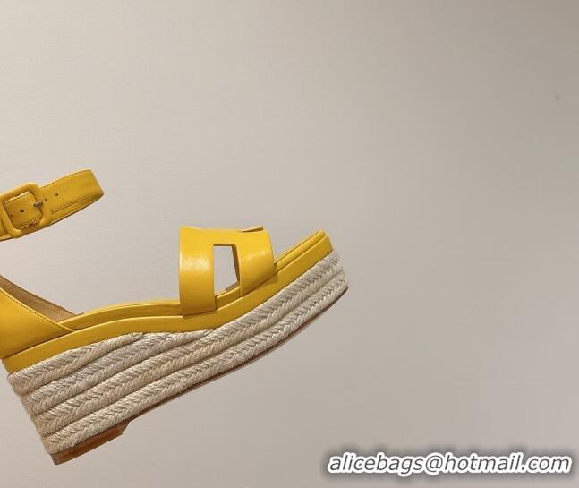 Grade Style Hermes Elda Calfskin Platform Wedge Sandals 8.5cm Yellow 051119