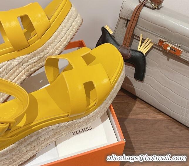 Grade Style Hermes Elda Calfskin Platform Wedge Sandals 8.5cm Yellow 051119