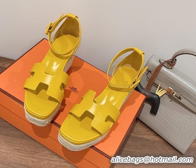 Grade Style Hermes Elda Calfskin Platform Wedge Sandals 8.5cm Yellow 051119