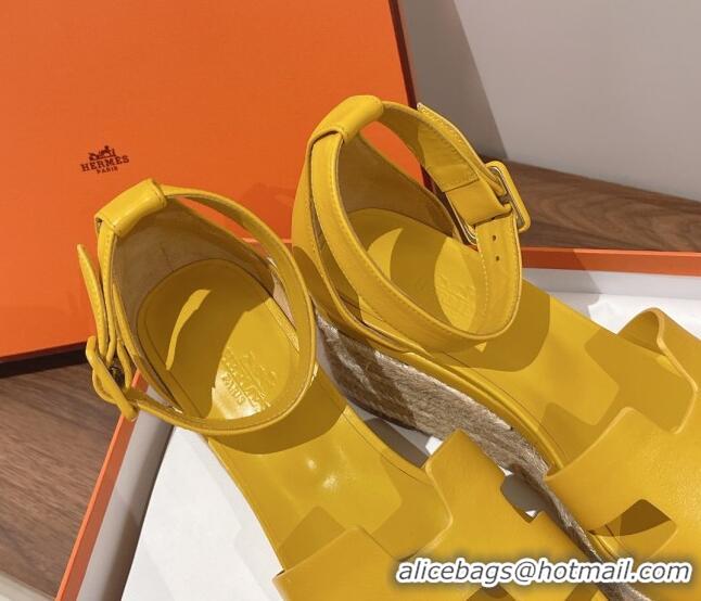 Grade Style Hermes Elda Calfskin Platform Wedge Sandals 8.5cm Yellow 051119