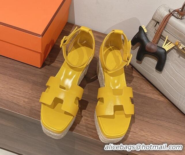 Grade Style Hermes Elda Calfskin Platform Wedge Sandals 8.5cm Yellow 051119