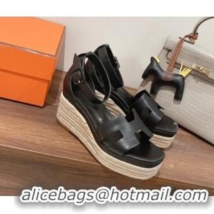 Unique Style Hermes Elda Calfskin Platform Wedge Sandals 8.5cm Black 051120