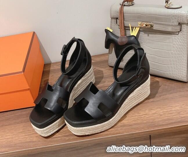 Unique Style Hermes Elda Calfskin Platform Wedge Sandals 8.5cm Black 051120