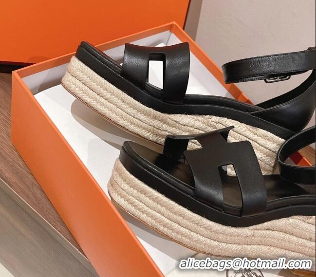 Unique Style Hermes Elda Calfskin Platform Wedge Sandals 8.5cm Black 051120