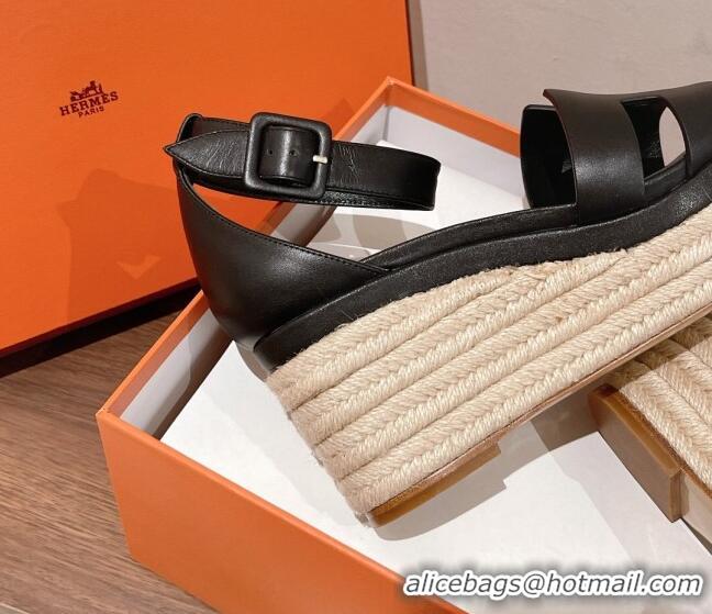 Unique Style Hermes Elda Calfskin Platform Wedge Sandals 8.5cm Black 051120