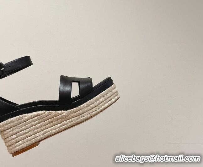 Unique Style Hermes Elda Calfskin Platform Wedge Sandals 8.5cm Black 051120