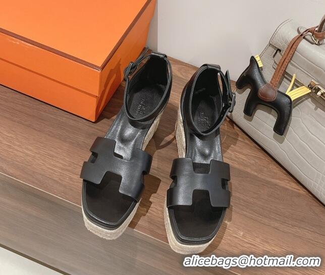 Unique Style Hermes Elda Calfskin Platform Wedge Sandals 8.5cm Black 051120