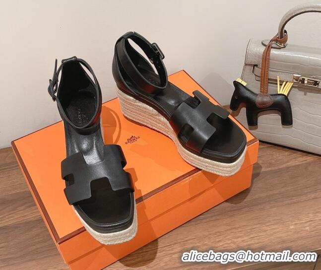 Unique Style Hermes Elda Calfskin Platform Wedge Sandals 8.5cm Black 051120