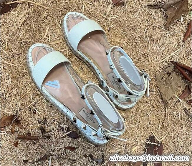 Popular Style Valentino Grainy Calfskin Flat Sandals with Rockstud Ankle Strap White 050571