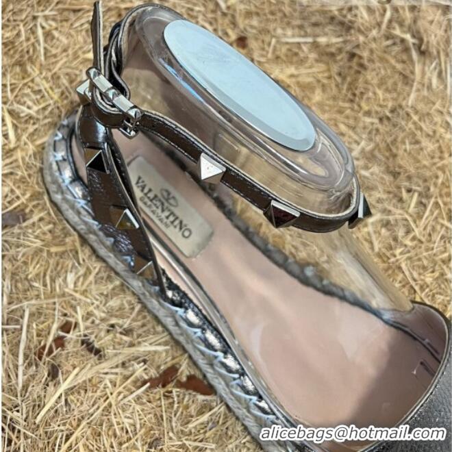 Good Quality Valentino Grainy Calfskin Flat Sandals with Rockstud Ankle Strap Silver 050572