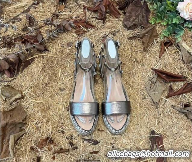 Good Quality Valentino Grainy Calfskin Flat Sandals with Rockstud Ankle Strap Silver 050572