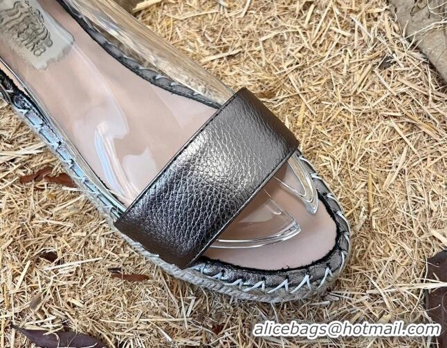 Good Quality Valentino Grainy Calfskin Flat Sandals with Rockstud Ankle Strap Silver 050572