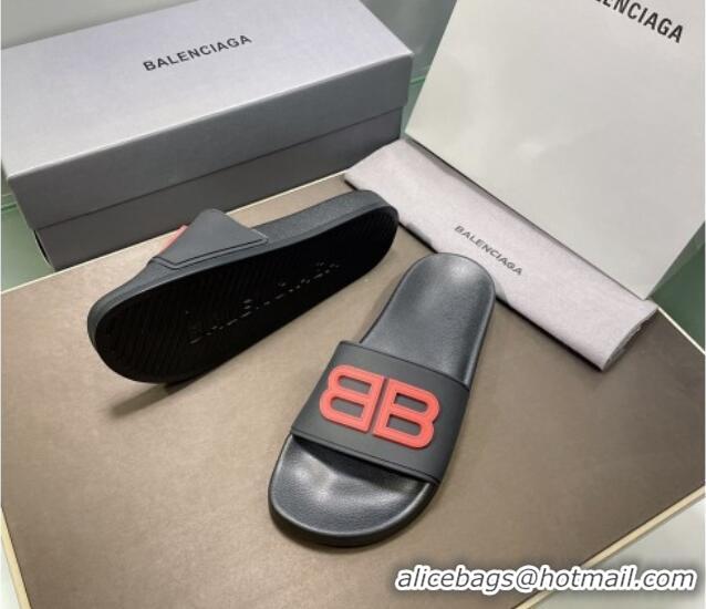 Good Quality Balenciaga TPU BB Flat Slide Sandals Black/Red 042122