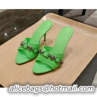 Hot Style Balenciaga Le Cagole Calfskin 8cm Heel Slide Sandals Neon Green 051903