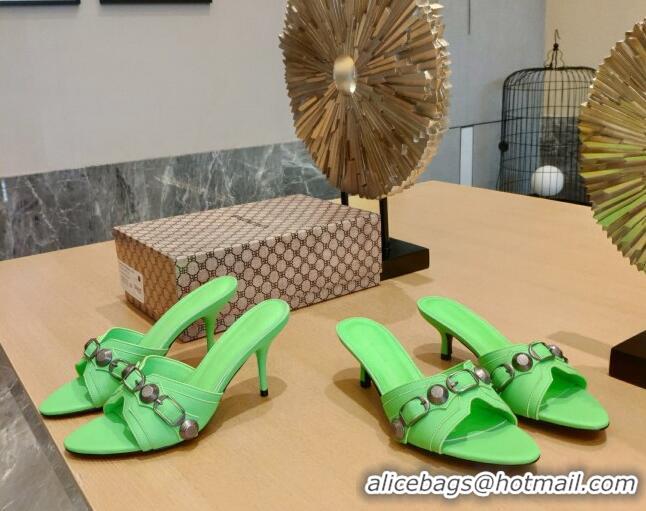 Hot Style Balenciaga Le Cagole Calfskin 8cm Heel Slide Sandals Neon Green 051903