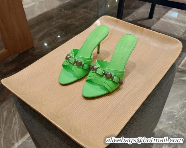 Hot Style Balenciaga Le Cagole Calfskin 8cm Heel Slide Sandals Neon Green 051903