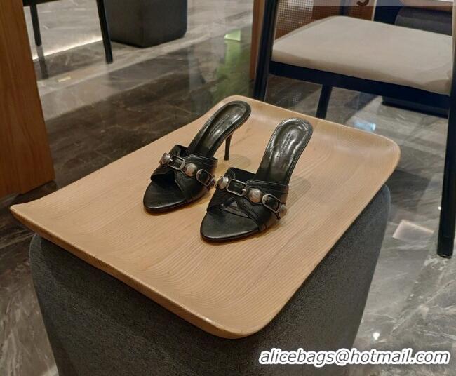 Grade Balenciaga Le Cagole Calfskin 8cm Heel Slide Sandals Black 051905
