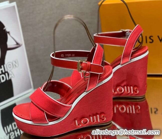 Stylish Louis Vuitton Canvas Wedge Sandal with 12cm Heel Red 0517062