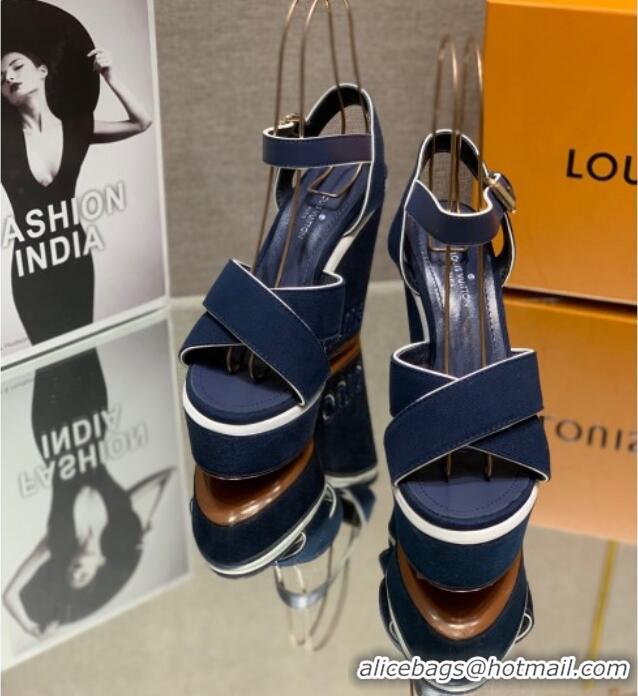 Best Price Louis Vuitton Canvas Wedge Sandal with 12cm Heel Blue 0517063