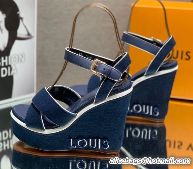 Best Price Louis Vuitton Canvas Wedge Sandal with 12cm Heel Blue 0517063