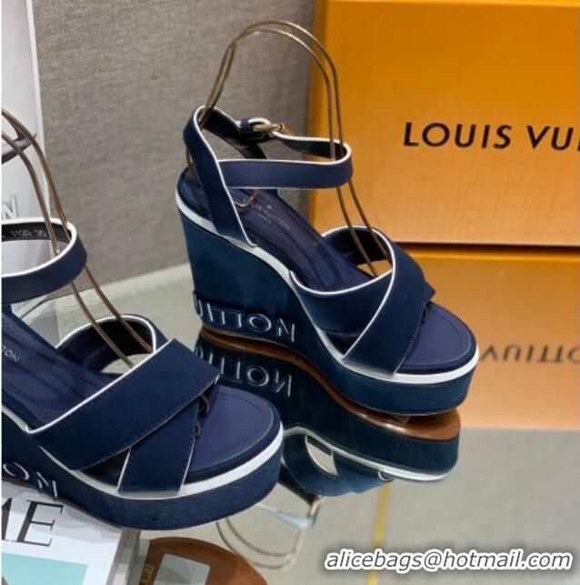 Best Price Louis Vuitton Canvas Wedge Sandal with 12cm Heel Blue 0517063