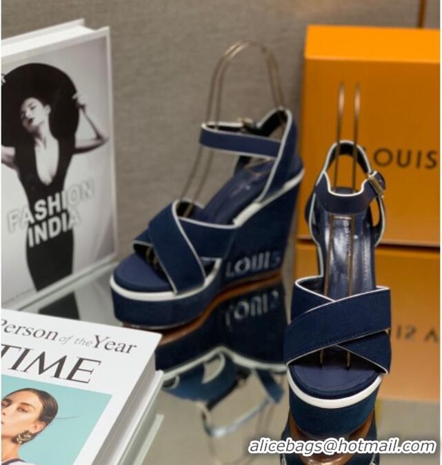 Best Price Louis Vuitton Canvas Wedge Sandal with 12cm Heel Blue 0517063