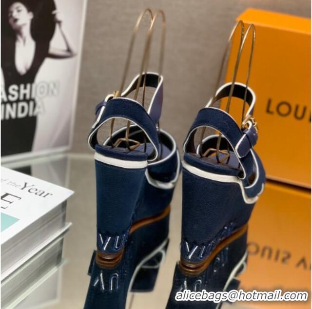 Best Price Louis Vuitton Canvas Wedge Sandal with 12cm Heel Blue 0517063