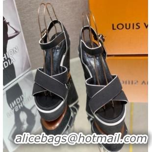 Perfect Louis Vuitton Canvas Wedge Sandal with 12cm Heel Black 0517064