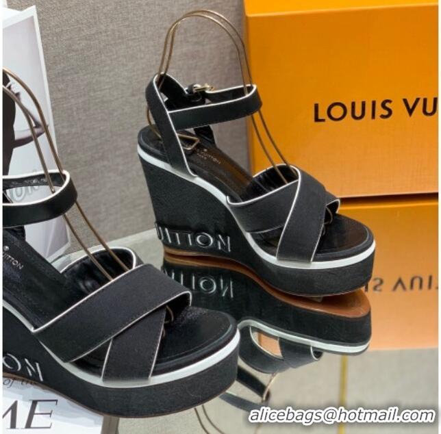 Perfect Louis Vuitton Canvas Wedge Sandal with 12cm Heel Black 0517064