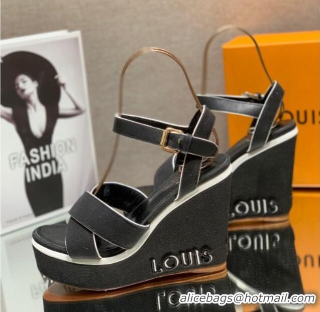 Perfect Louis Vuitton Canvas Wedge Sandal with 12cm Heel Black 0517064